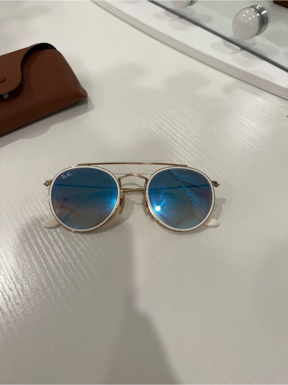 Round Double Bridge Ray Ban Gold Frame Blue Gradient Lens Sunglasses - Picture 6 of 11